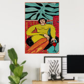 Nancy met Poster van wijn en van varkens (Thuiskantoor)