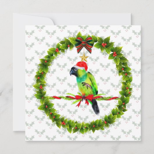 Nanday Conure Santa met Holly Leaves en Wreate Feestdagenkaart (Voorkant)