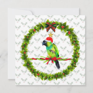 Nanday Conure Santa met Holly Leaves en Wreate Feestdagenkaart