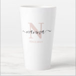 Nanna Elegant Script Monogram Blush Pink Latte Mok<br><div class="desc">Latte mok voor een nieuwe nanna of lang gevestigde grootmoeder, die je kunt personaliseren met de datum waarop ze grootouder werden. Dit trendy minimalistische ontwerp heeft een subtiel kleurenpalet van wazige roze, zwart-wit. Het heeft een poppy monogram, met de letter N van het initiaal en de naam nanna, die in...</div>