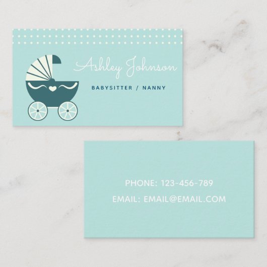 Nanny Babysitter Schattigee kinderwagen Baby Blauw Visitekaartje (Voorkant / Achterkant)