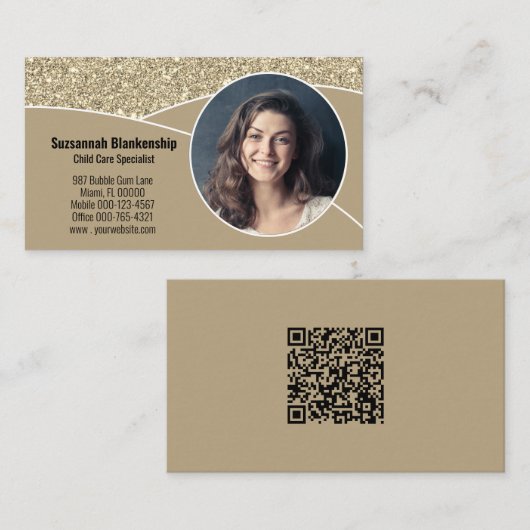 Nanny Custom Photo Faux Gold Glitter QR Code Visitekaartje (Voorkant / Achterkant)