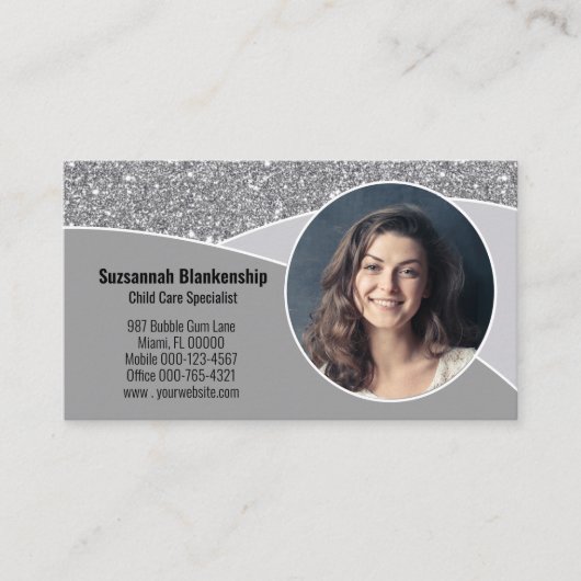 Nanny Custom Photo Faux Silver Glitter QR Code Visitekaartje (Voorkant)