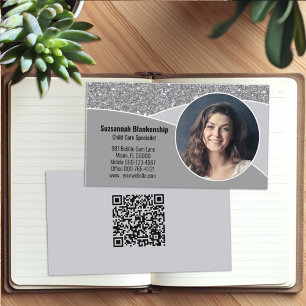 Nanny Custom Photo Faux Silver Glitter QR Code Visitekaartje