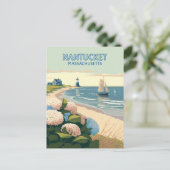 Nantucket Beach Hydrangeas Lighthouse Boat Retro Briefkaart (Staand voorkant)