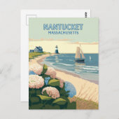 Nantucket Beach Hydrangeas Lighthouse Boat Retro Briefkaart (Voorkant / Achterkant)