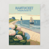 Nantucket Beach Hydrangeas Lighthouse Boat Retro Briefkaart (Voorkant)