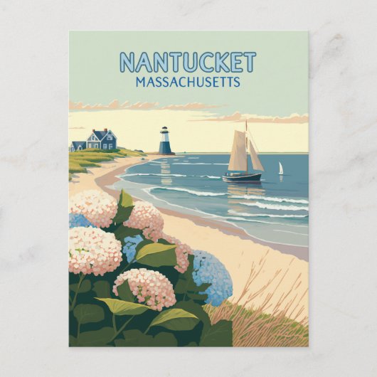 Nantucket Beach Hydrangeas Lighthouse Boat Retro Briefkaart (Voorkant)