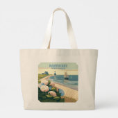 Nantucket Beach Hydrangeas Lighthouse Boat Retro Grote Tote Bag (Achterkant)