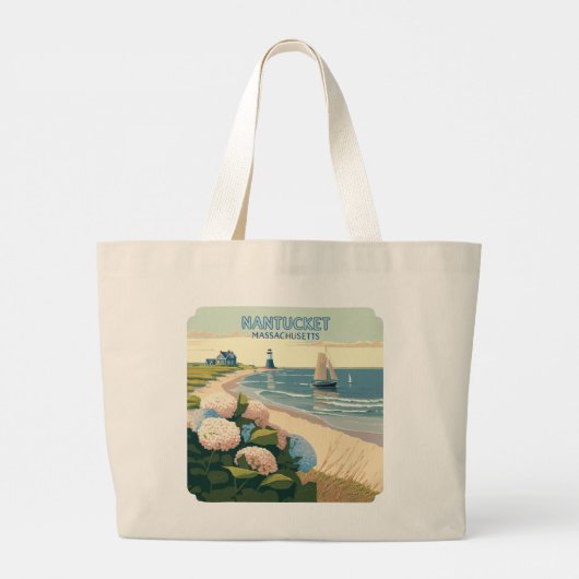 Nantucket Beach Hydrangeas Lighthouse Boat Retro Grote Tote Bag (Achterkant)