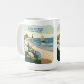 Nantucket Beach Hydrangeas Lighthouse Boat Retro Koffiemok (Voorkant links)