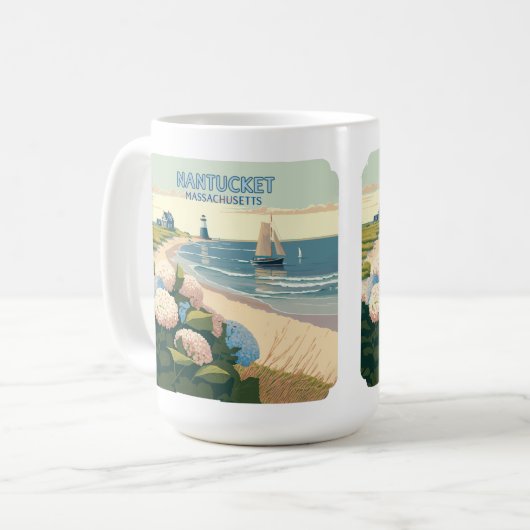 Nantucket Beach Hydrangeas Lighthouse Boat Retro Koffiemok (Voorkant links)