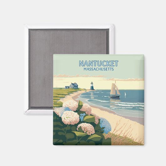 Nantucket Beach Hydrangeas Lighthouse Boat Retro Magneet (Voorkant / Achterkant)