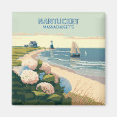 Nantucket Beach Hydrangeas Lighthouse Boat Retro Magneet (Voorkant)