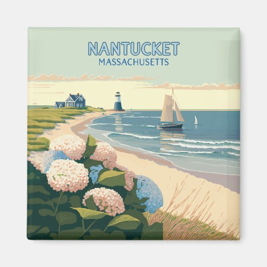 Nantucket Beach Hydrangeas Lighthouse Boat Retro Magneet (Voorkant)