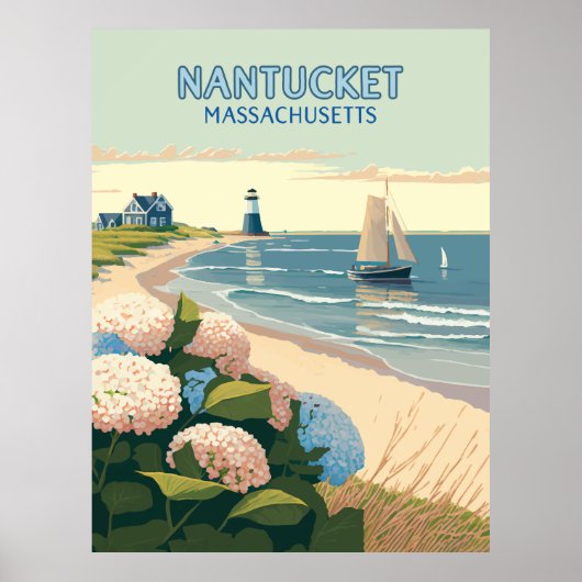 Nantucket Beach Hydrangeas Lighthouse Boat Retro Poster (Voorkant)