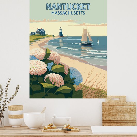 Nantucket Beach Hydrangeas Lighthouse Boat Retro Poster (Keuken)