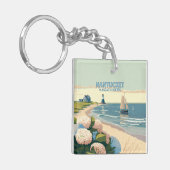 Nantucket Beach Hydrangeas Lighthouse Boat Retro Sleutelhanger (Voorkant Links)