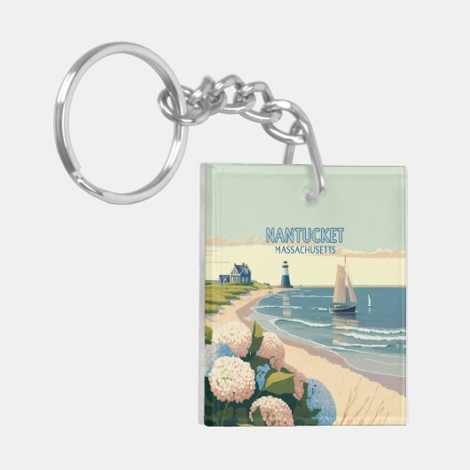 Nantucket Beach Hydrangeas Lighthouse Boat Retro Sleutelhanger (Voorkant Links)