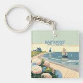 Nantucket Beach Hydrangeas Lighthouse Boat Retro Sleutelhanger (Voorkant)