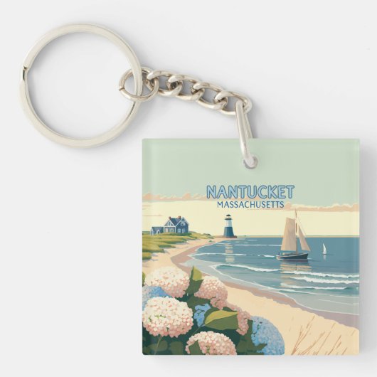 Nantucket Beach Hydrangeas Lighthouse Boat Retro Sleutelhanger (Voorkant)