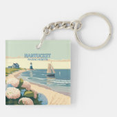 Nantucket Beach Hydrangeas Lighthouse Boat Retro Sleutelhanger (Achterkant)