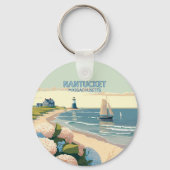 Nantucket Beach Hydrangeas Lighthouse Boat Retro Sleutelhanger (Voorkant)