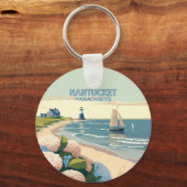 Nantucket Beach Hydrangeas Lighthouse Boat Retro Sleutelhanger (Achterkant)