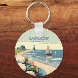 Nantucket Beach Hydrangeas Lighthouse Boat Retro Sleutelhanger