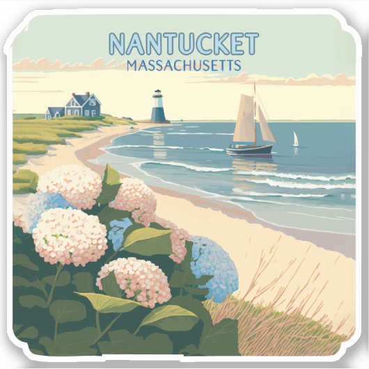 Nantucket Beach Hydrangeas Lighthouse Boat Retro Sticker (Voorkant)