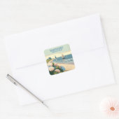 Nantucket Beach Hydrangeas Lighthouse Boat Retro Vierkante Sticker (Envelop)