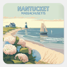 Nantucket Beach Hydrangeas Lighthouse Boat Retro Vierkante Sticker