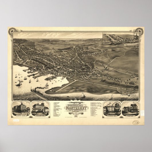 Nantucket Beach Mass. 1881 Antiek panoramische kaa Poster (Voorkant)