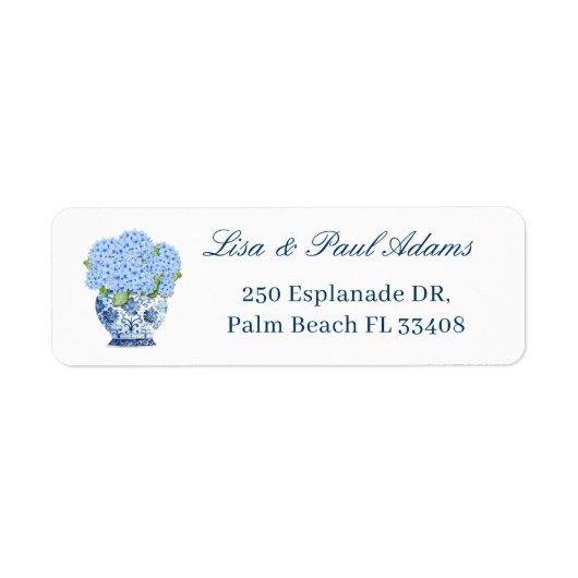 Nantucket Blue Chinoiserie Hydrangea Retouradres Etiket (Voorkant)