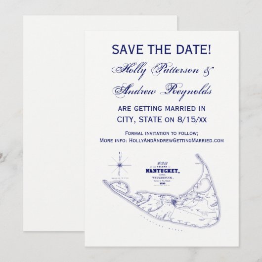 Nantucket Eiland MA Vintage Kaart Marineblauw (Voorkant / Achterkant)