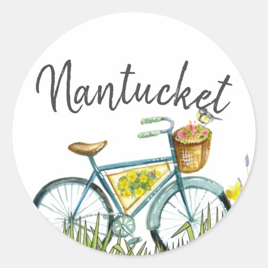 Nantucket  fiets in lavendel veld ronde sticker (Voorkant)