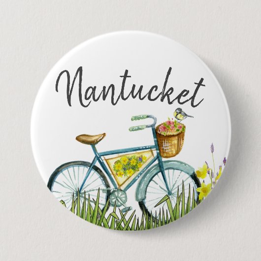 Nantucket fiets met bloemmandje ronde button 7,6 cm (Voorkant)
