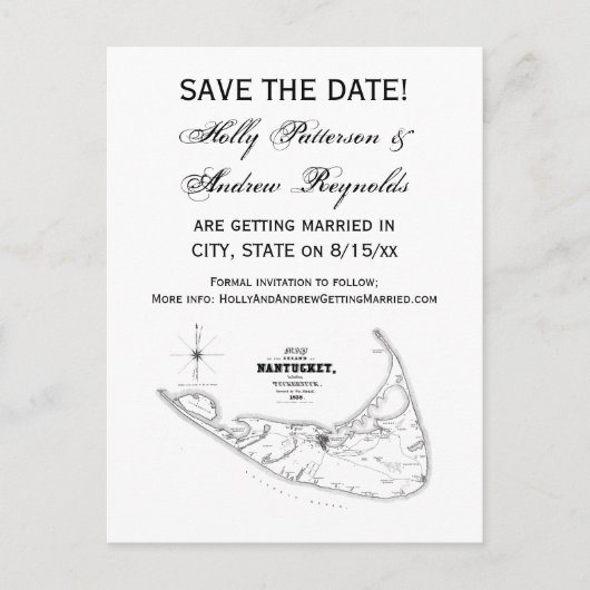 Nantucket Island MA  Map Black Aankondigingskaart (Voorkant)