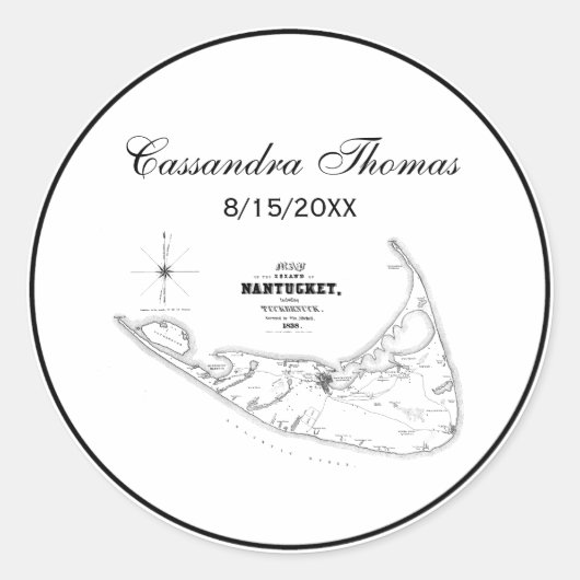 Nantucket Island MA  Map Black Ronde Sticker (Voorkant)