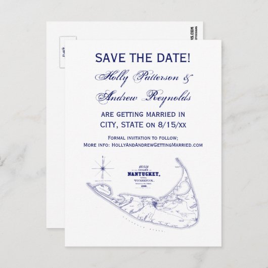 Nantucket Island MA  Map Navy Blue Aankondigingskaart (Voorkant / Achterkant)
