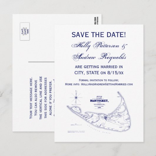 Nantucket Island MA  Map Navy Blue Aankondigingskaart (Voorkant / Achterkant)