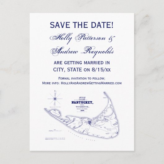 Nantucket Island MA  Map Navy Blue Aankondigingskaart (Voorkant)