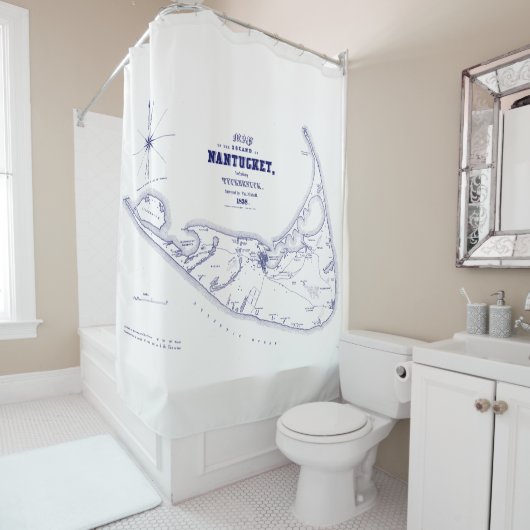 Nantucket Island MA  Map Navy Blue Douchegordijn (In situ)