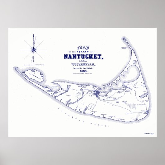 Nantucket Island MA  Map Navy Blue Poster (Voorkant)