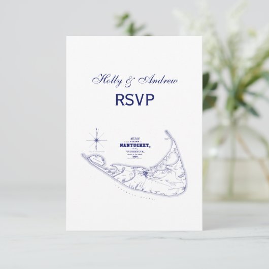 Nantucket Island MA Map Navy Blue RSVP Kaartje (Staand voorkant)
