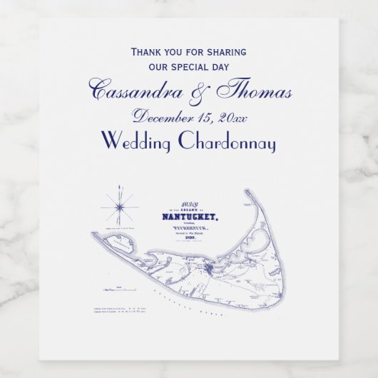 Nantucket Island MA  Map Navy Blue Wijn Etiket (Enkel label)