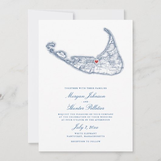 Nantucket MA Kaart Elegante Marine Blauwe Huwelijk (Voorkant)