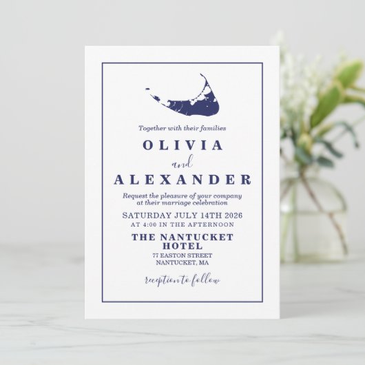 Nantucket marine blauwe bruiloft Uitnodiging (Staand voorkant)