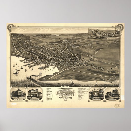Nantucket Massachusetts 1881 Antiek Panoramisch Ka Poster (Voorkant)