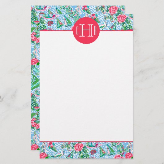 Nantucket Preppy Palm Beach Pattern Monogrammed Briefpapier (Voorkant / Achterkant)